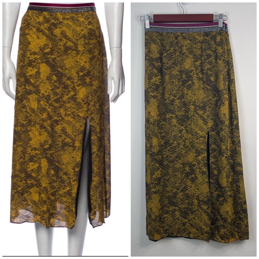 SAYLOR Snake Print Midi Skirt Size XS Yellow Front Slit Lined